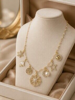 Gold Charm Pendant Necklace with Pearly and Star Charms - Women Jewelry